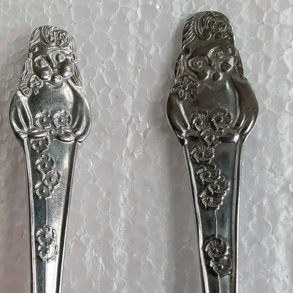 Vintage 1970s Japan Flower Girl Child Fork Spoon Set Youth Flatware Cute MCM - Picture 3 of 6